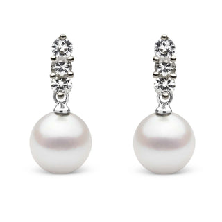 Trio Collection 8.0-8.5 mm Akoya Pearl and Diamond Earrings featuring three sparkling diamonds set above a smooth, round white akoya pearl for elegant, timeless style.