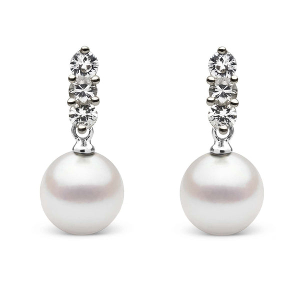 Trio Collection 8.0-8.5 mm Akoya Pearl and Diamond Earrings featuring three sparkling diamonds set above a smooth, round white akoya pearl for elegant, timeless style.