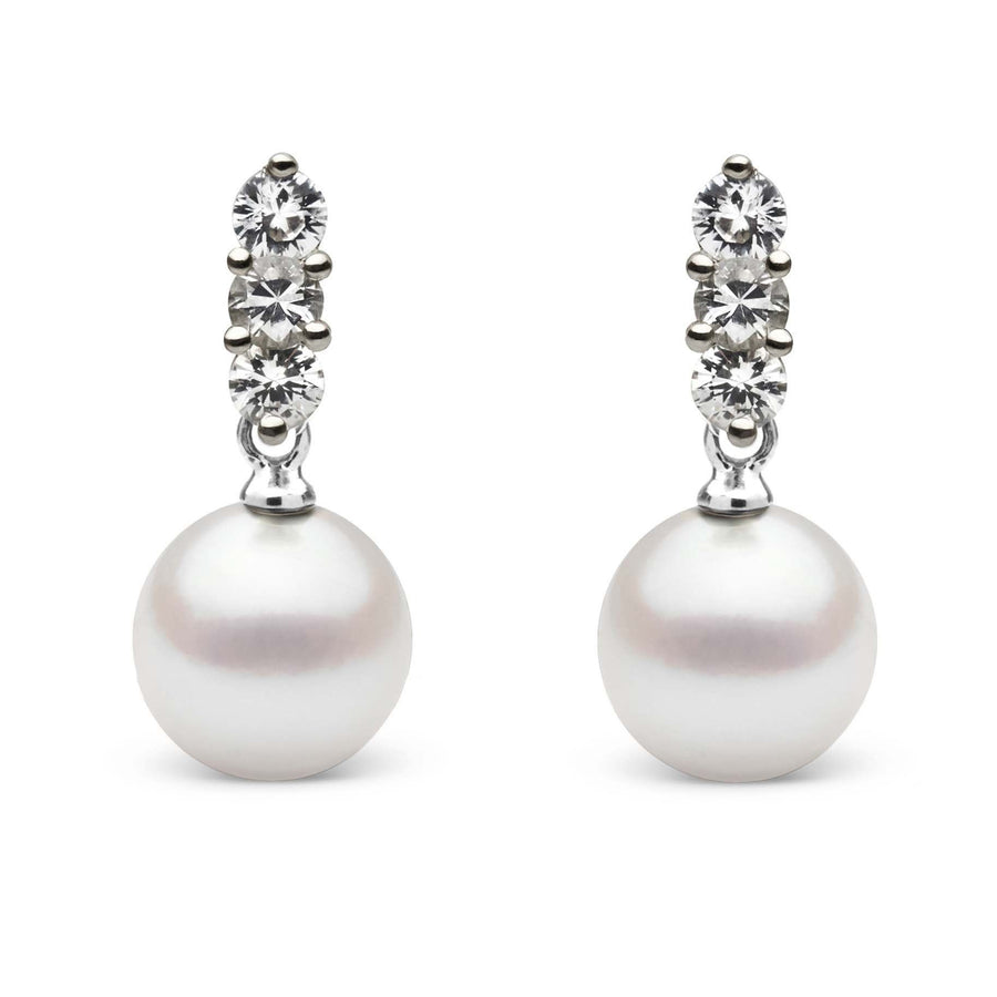 Trio Collection 8.0-8.5 mm Akoya Pearl and Diamond Earrings featuring three sparkling diamonds set above a smooth, round white akoya pearl for elegant, timeless style.