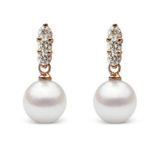 Trio Collection 8.0-8.5 mm Akoya Pearl and Diamond Earrings featuring lustrous white akoya pearls suspended from a trio of sparkling diamonds in elegant settings.