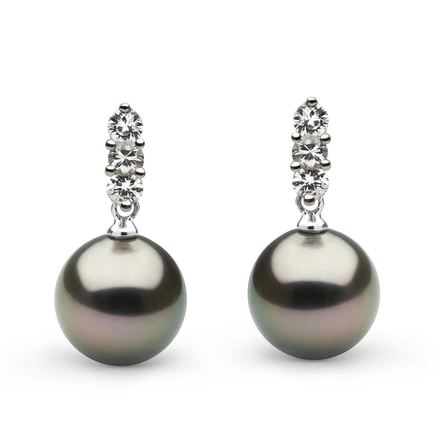 Trio Collection Tahitian 10.0-11.0 mm Pearl and Diamond Earrings featuring elegant dark Tahitian pearls accented with three sparkling diamonds on each earring.