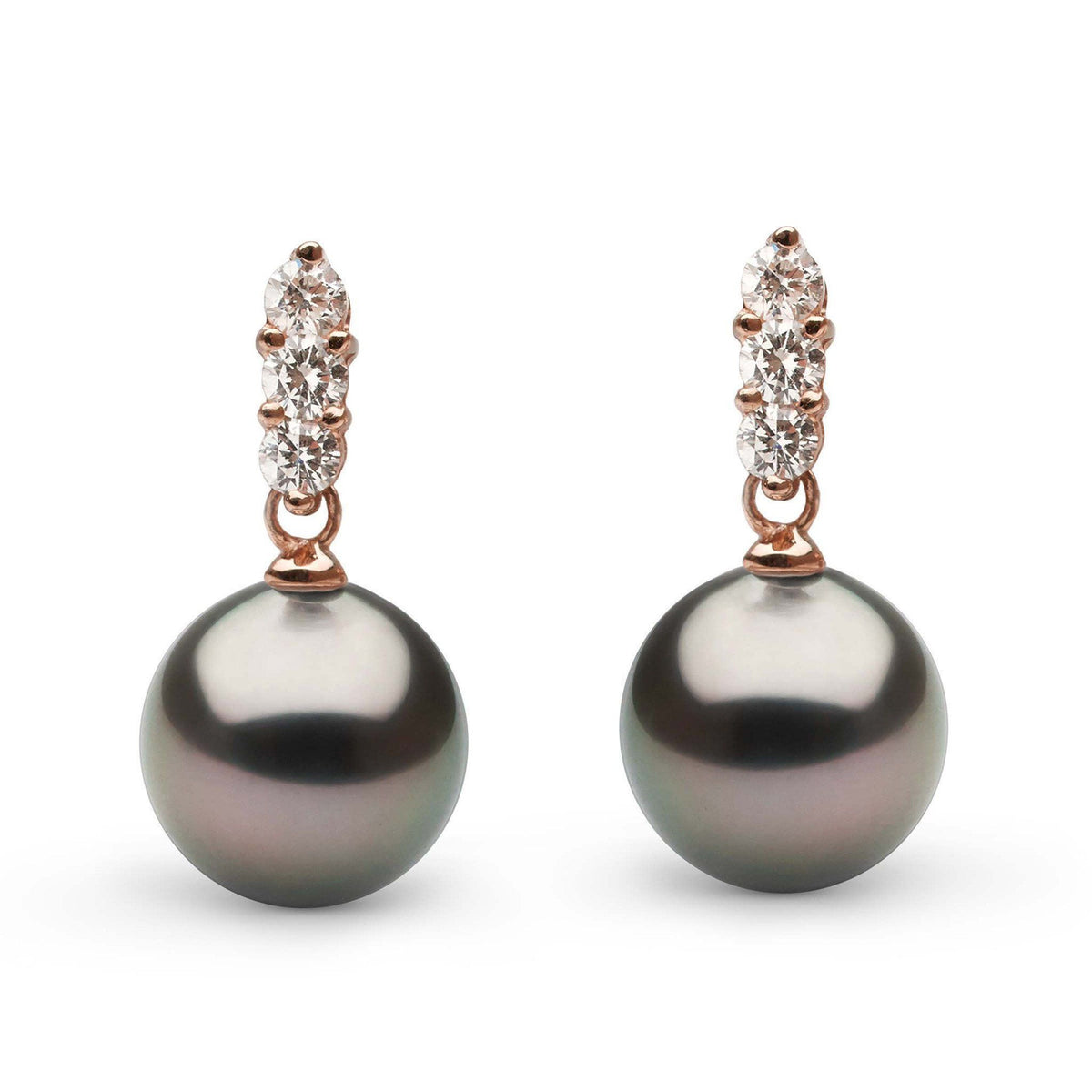 Elegant Trio Collection Tahitian 10.0-11.0 mm Pearl and Diamond Earrings featuring lustrous dark Tahitian pearls suspended from a trio of sparkling diamonds.