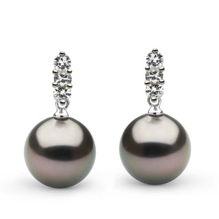 Trio Collection Tahitian 11.0-12.0 mm Pearl and Diamond Earrings featuring lustrous dark Tahitian pearls and sparkling round diamonds set in polished metal.