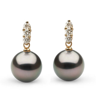 Trio Collection Tahitian 11.0-12.0 mm Pearl and Diamond Earrings featuring lustrous dark Tahitian pearls accented by a row of sparkling diamonds on gold settings.