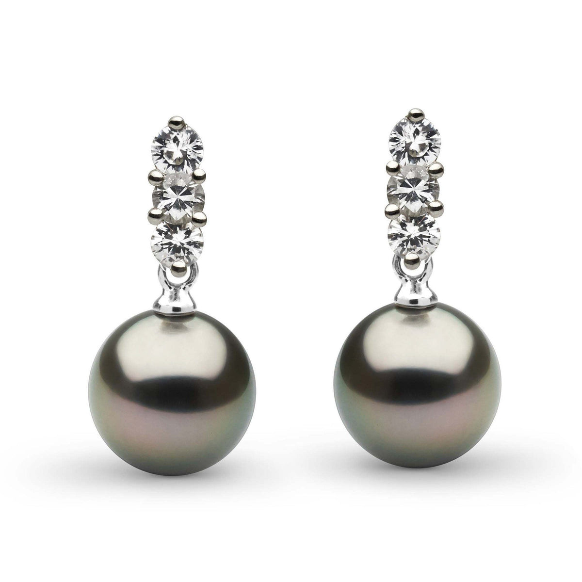 Trio Collection Tahitian 8.0-9.0 mm Pearl and Diamond Earrings featuring lustrous dark Tahitian pearls accented with three sparkling diamonds on each earring for elegant sophistication.