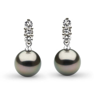 Trio Collection Tahitian 8.0-9.0 mm Pearl and Diamond Earrings featuring lustrous dark Tahitian pearls accented with three sparkling diamonds on each earring for elegant sophistication.