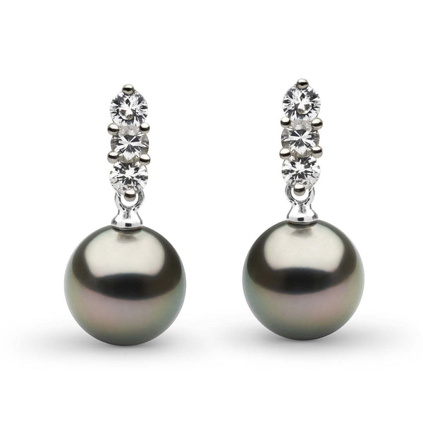 Trio Collection Tahitian 8.0-9.0 mm Pearl and Diamond Earrings featuring lustrous dark Tahitian pearls accented with three sparkling diamonds on each earring for elegant sophistication.