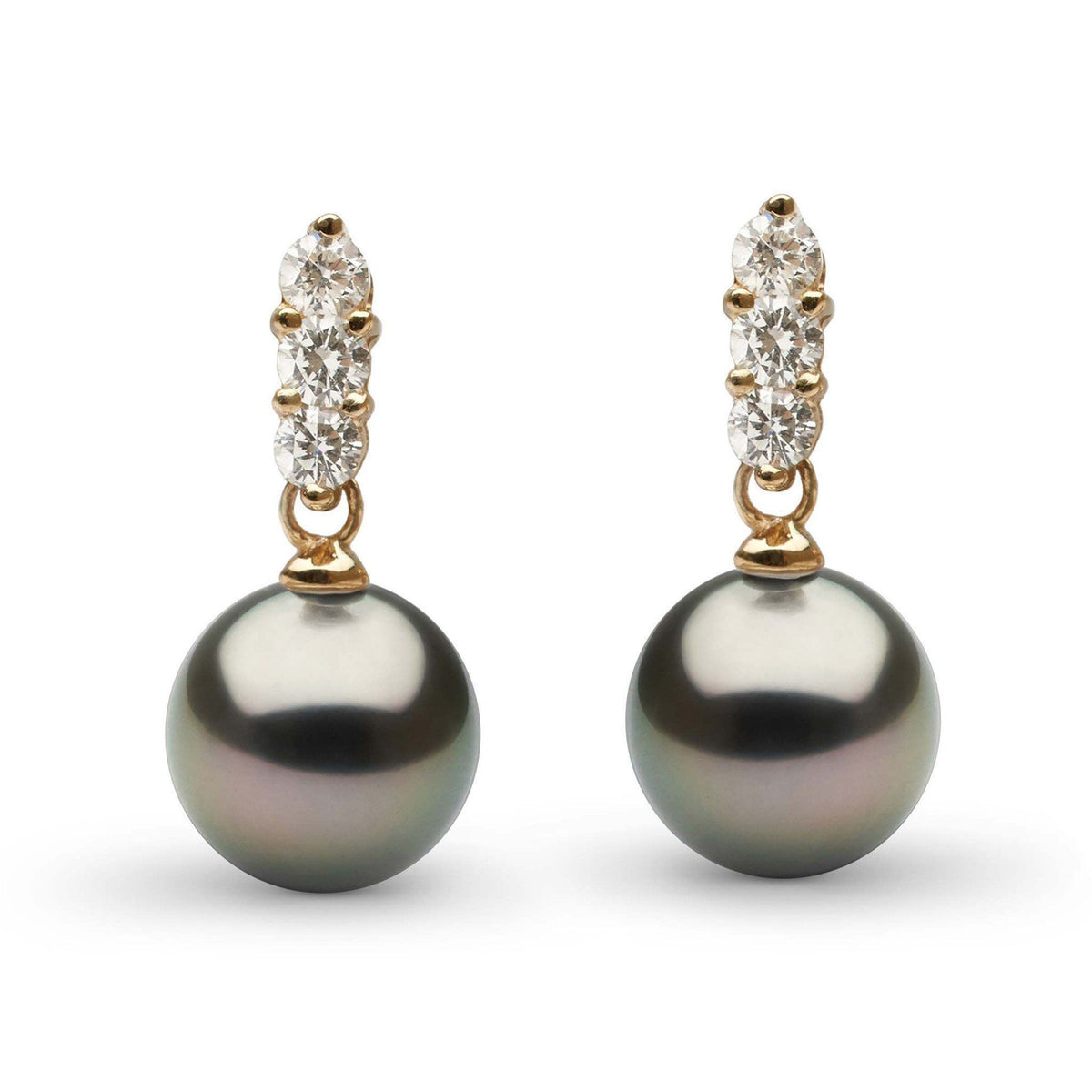Elegant Trio Collection Tahitian 8.0-9.0 mm Pearl and Diamond Earrings featuring round Tahitian pearls with a trio of sparkling diamonds set in gold, perfect for refined occasions.