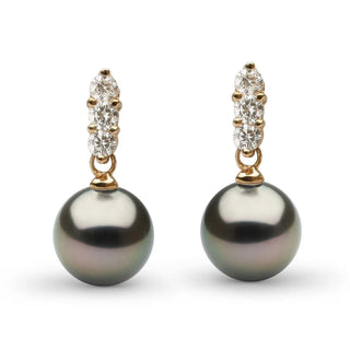 Elegant Trio Collection Tahitian 8.0-9.0 mm Pearl and Diamond Earrings featuring round Tahitian pearls with a trio of sparkling diamonds set in gold, perfect for refined occasions.