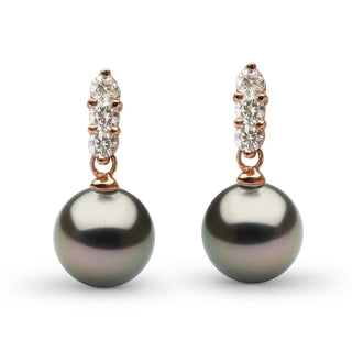 Trio Collection Tahitian 8.0-9.0 mm Pearl and Diamond Earrings featuring lustrous black Tahitian pearls paired with sparkling diamond accents on elegant rose gold settings.
