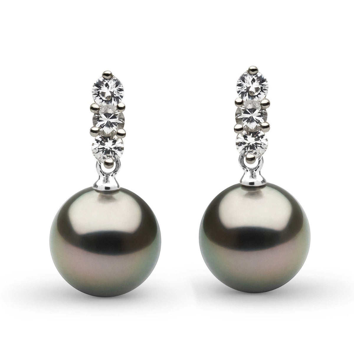 Trio Collection Tahitian 9.0-10.0 mm Pearl and Diamond Earrings feature lustrous black Tahitian pearls accented by three sparkling diamonds set in elegant metal, perfect for refined style.