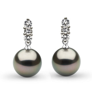 Trio Collection Tahitian 9.0-10.0 mm Pearl and Diamond Earrings feature lustrous black Tahitian pearls accented by three sparkling diamonds set in elegant metal, perfect for refined style.