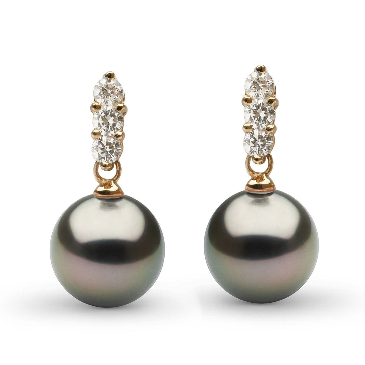 Pair of Trio Collection Tahitian 9.0-10.0 mm Pearl and Diamond Earrings featuring round Tahitian pearls suspended from gold settings accented with three sparkling diamonds each.