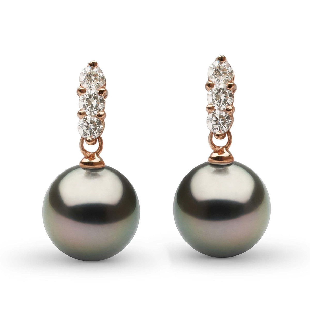 Pair of Trio Collection Tahitian 9.0-10.0 mm Pearl and Diamond Earrings featuring lustrous black Tahitian pearls accented with a trio of sparkling diamonds on rose gold settings.