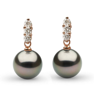 Pair of Trio Collection Tahitian 9.0-10.0 mm Pearl and Diamond Earrings featuring lustrous black Tahitian pearls accented with a trio of sparkling diamonds on rose gold settings.