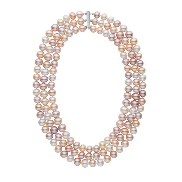 A triple strand of multicolor freshwater pearl necklace with a white gold clasp.