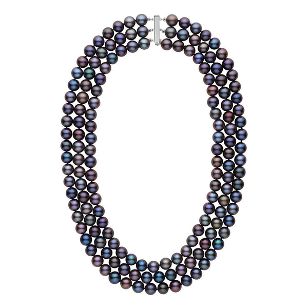 Triple Strand 8.5-9.0 mm AAA Black Freshwater Pearl Necklace featuring three rows of lustrous black pearls with subtle iridescent hues and a secure clasp.