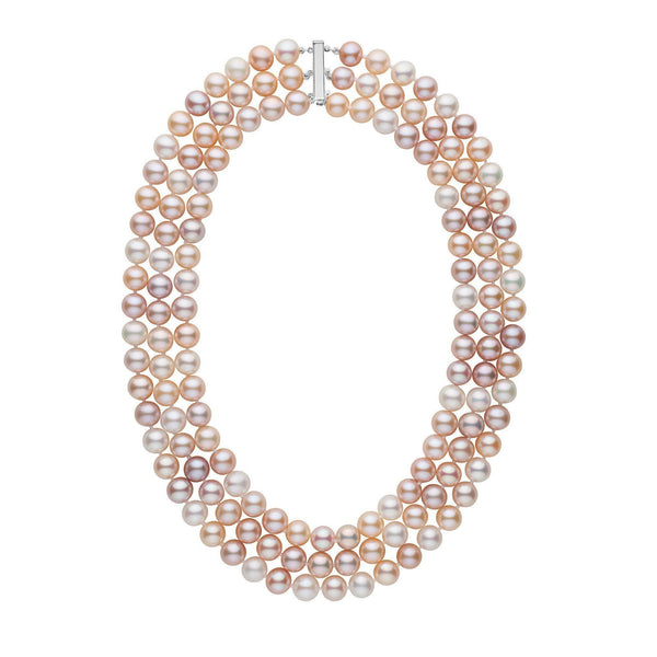 A triple strand multicolor freshwater pearl necklace knotted on silk thread with a gold clasp, displayed against a white background.
