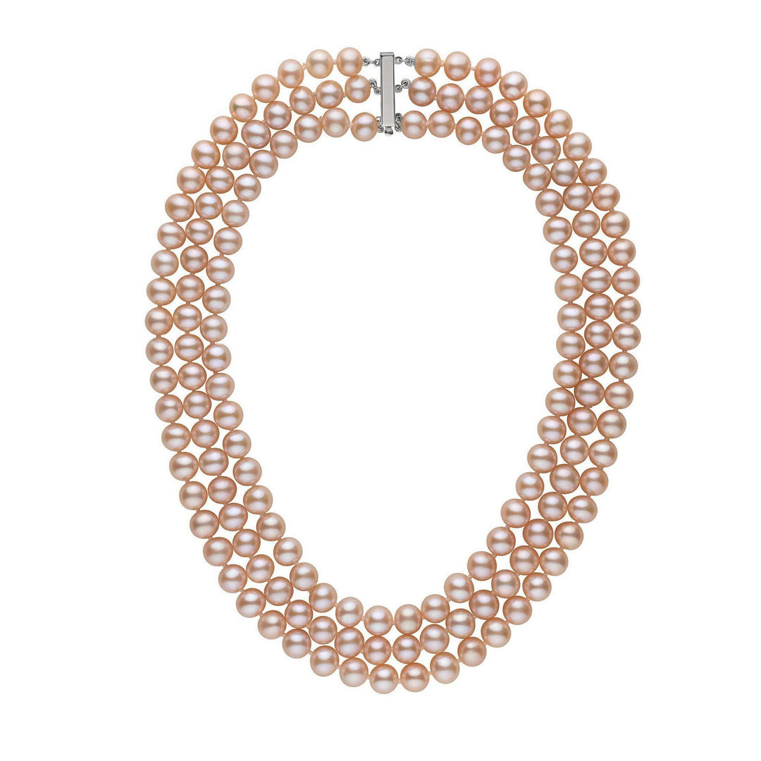 Triple Strand 8.5-9.0 mm AAA Pink to Peach Freshwater Pearl Necklace