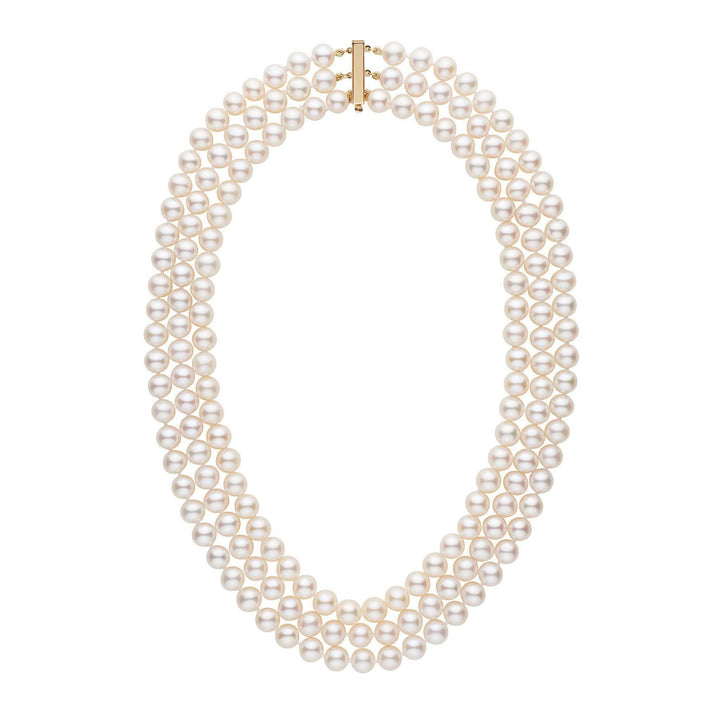 Triple Strand 8.5-9.0 mm AAA White Freshwater Pearl Necklace Yellow Gold