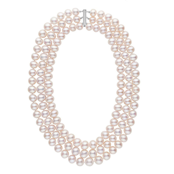 Triple Strand 9.5-10.5 mm AA+ White Freshwater Pearl Necklace featuring three elegant rows of round, lustrous white freshwater pearls with a secure 14K white gold clasp.