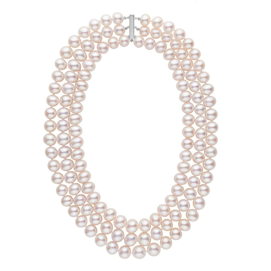 Triple Strand 9.5-10.5 mm AA+ White Freshwater Pearl Necklace featuring three elegant rows of round, lustrous white freshwater pearls with a secure 14K white gold clasp.