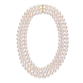 Triple Strand 9.5-10.5 mm AAA White Freshwater Pearl Necklace featuring three rows of lustrous white pearls with a gold clasp, perfect for elegant occasions.