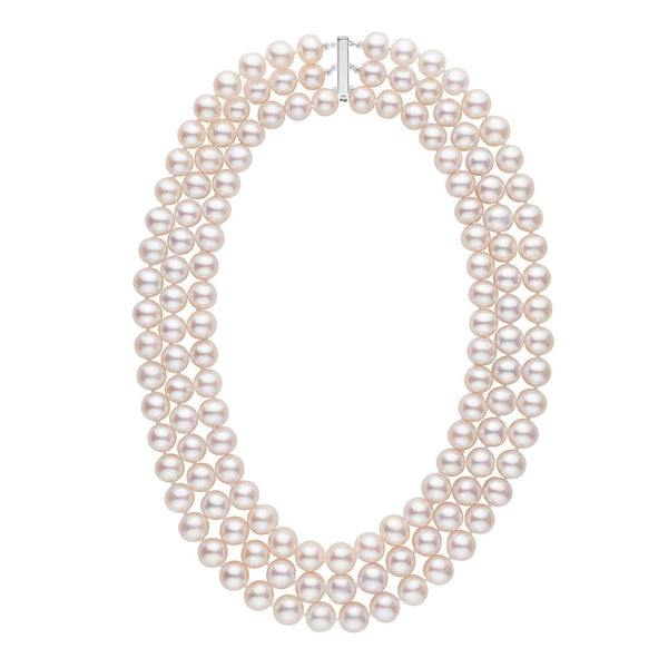 Triple Strand 9.5-10.5 mm AAA White Freshwater Pearl Necklace featuring three rows of lustrous white pearls with a 14K white gold clasp, elegant and classic pearl jewelry piece.