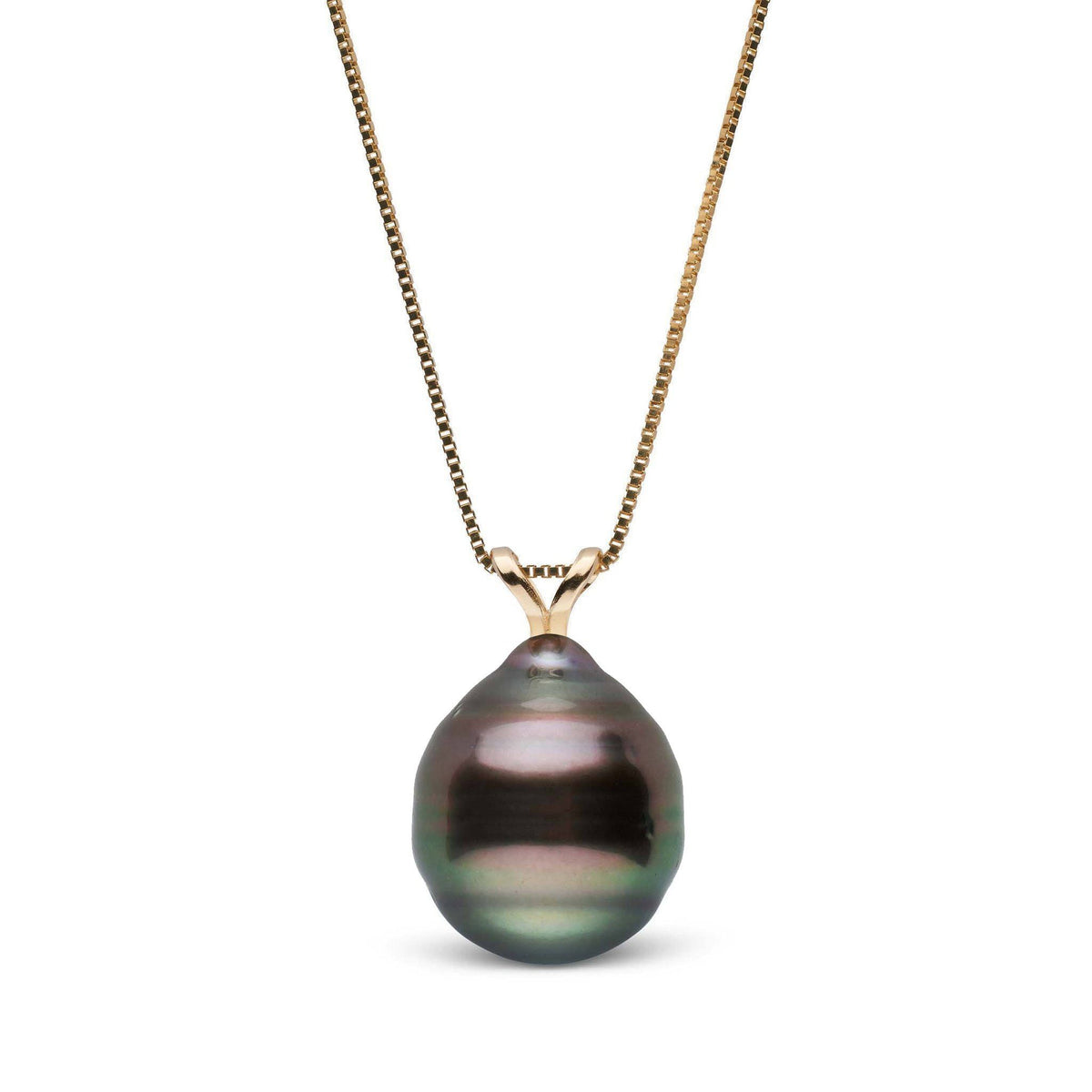 Unity Collection 8.0-9.0 mm Baroque Tahitian Pearl Pendant featuring a lustrous dark pearl with iridescent green and purple hues on a delicate gold chain.