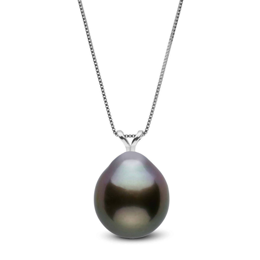 Unity Collection 10.0-11.0 mm Drop Tahitian Pearl Pendant featuring a lustrous deep black pearl with subtle green and purple overtones, suspended from a delicate 14K white gold chain.