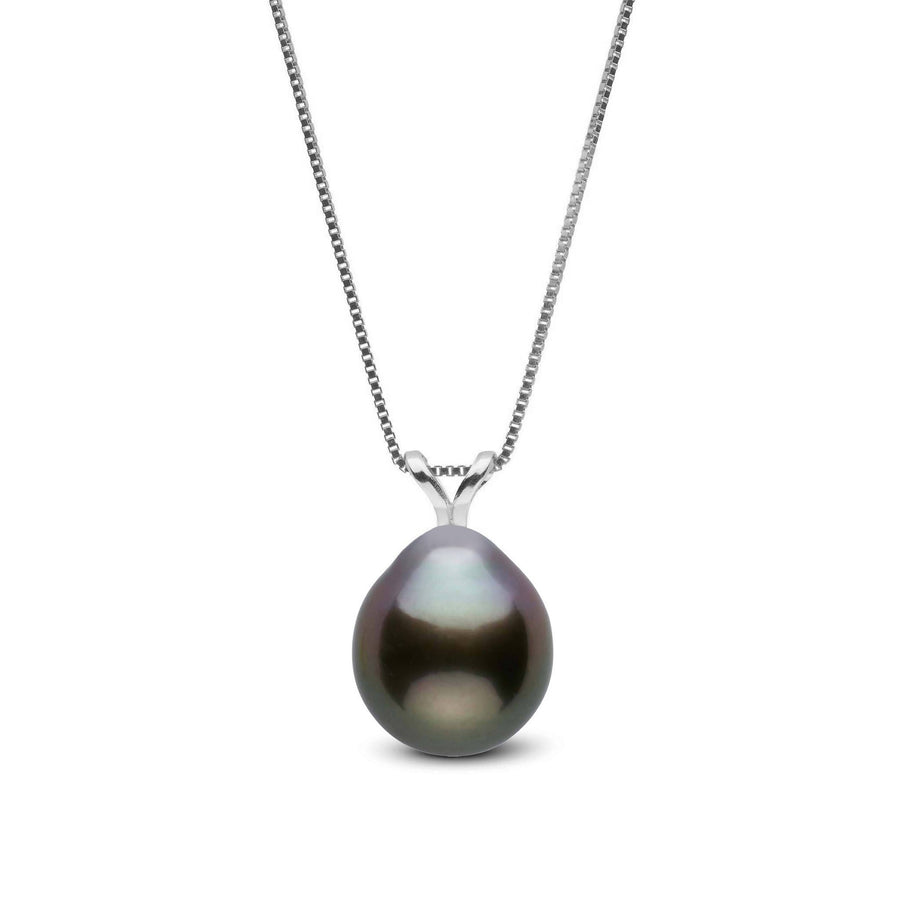 Unity Collection 8.0-9.0 mm Drop Tahitian Pearl Pendant featuring a lustrous dark tahitian pearl with subtle iridescent hues, suspended on a delicate 14K white gold chain.
