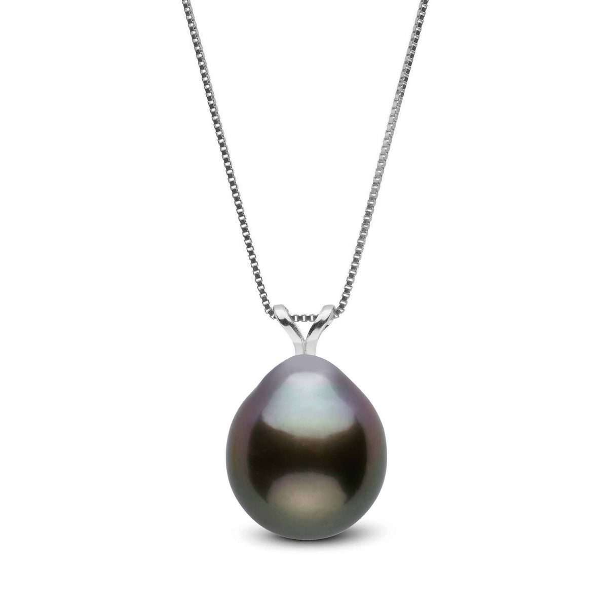 A single drop-shaped Tahitian pearl pendant in dark iridescent tones, hanging from a delicate 14K white gold chain, featuring the Unity Collection 9.0-10.0 mm Drop Tahitian Pearl Pendant.