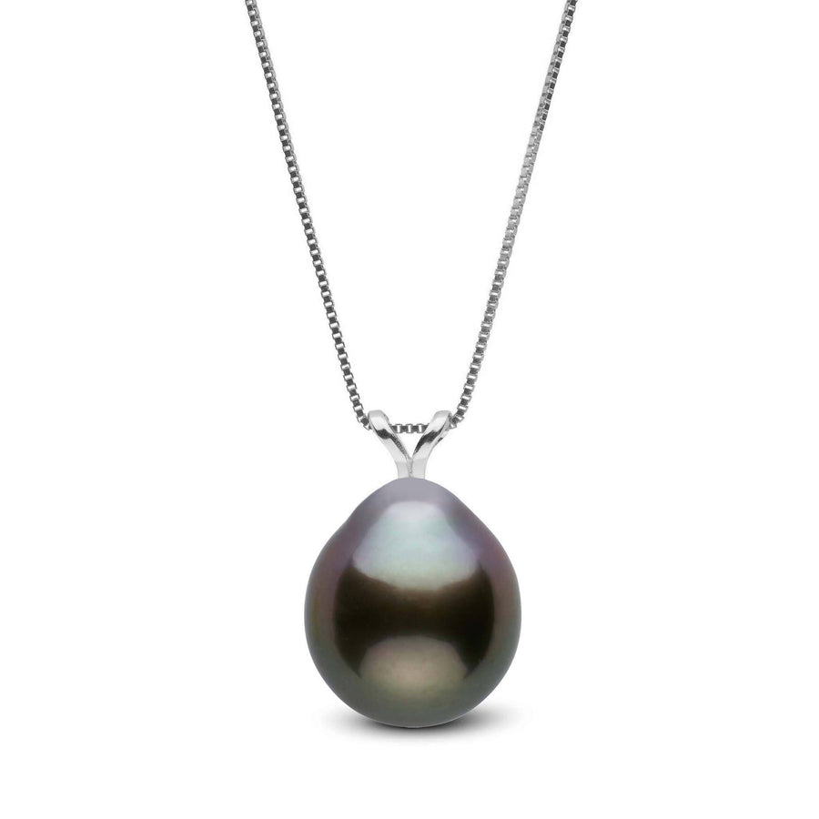 A single drop-shaped Tahitian pearl pendant in dark iridescent tones, hanging from a delicate 14K white gold chain, featuring the Unity Collection 9.0-10.0 mm Drop Tahitian Pearl Pendant.