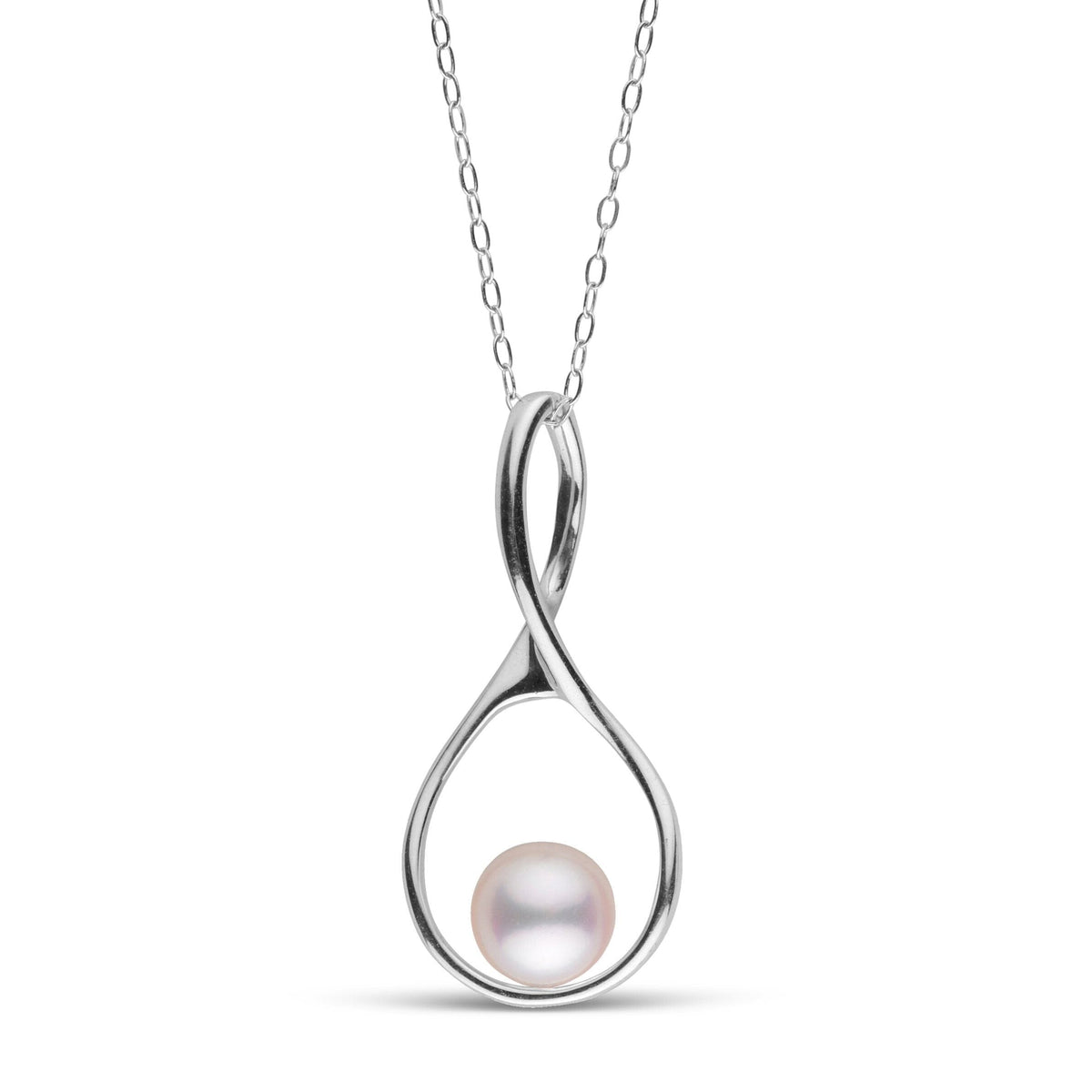 Wishbone Collection 7.0-7.5 mm Akoya Pearl Pendant featuring a lustrous white Akoya pearl set in a sleek, polished 14K white gold wishbone-shaped design on a delicate chain.