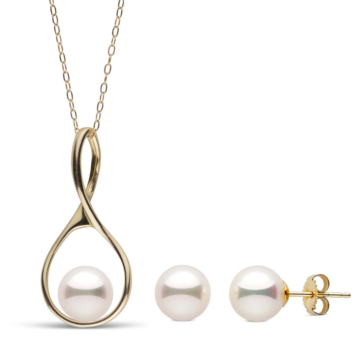 7.5-8.0 mm Freshadama Wishbone Pendant and Stud Earrings Set featuring white freshwater pearls set in elegant yellow gold wishbone-shaped pendant and matching stud earrings.
