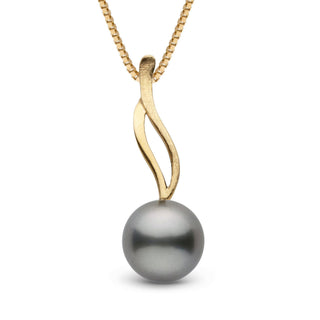 Wisp Collection 10.0-11.0 mm Tahitian Pearl Pendant featuring a lustrous gray Tahitian pearl suspended from an elegant, flowing gold bail on a matching gold chain.