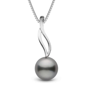 Wisp Collection 10.0-11.0 mm Tahitian Pearl Pendant featuring a smooth dark Tahitian pearl suspended from a sleek, elegant 14K white gold swirl bail on a delicate chain.