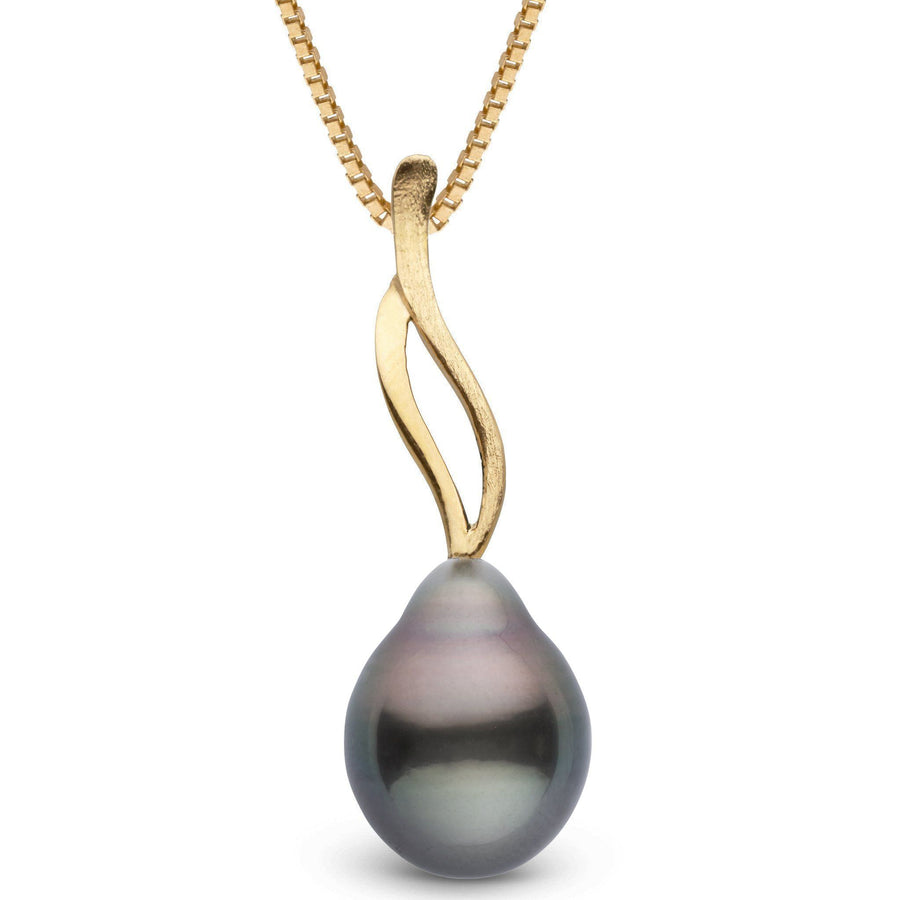Wisp Collection Tahitian Drop 11.0-12.0 mm Pearl Pendant features a lustrous dark Tahitian pearl with a graceful gold swirl design on a delicate chain, perfect for elegant occasions.
