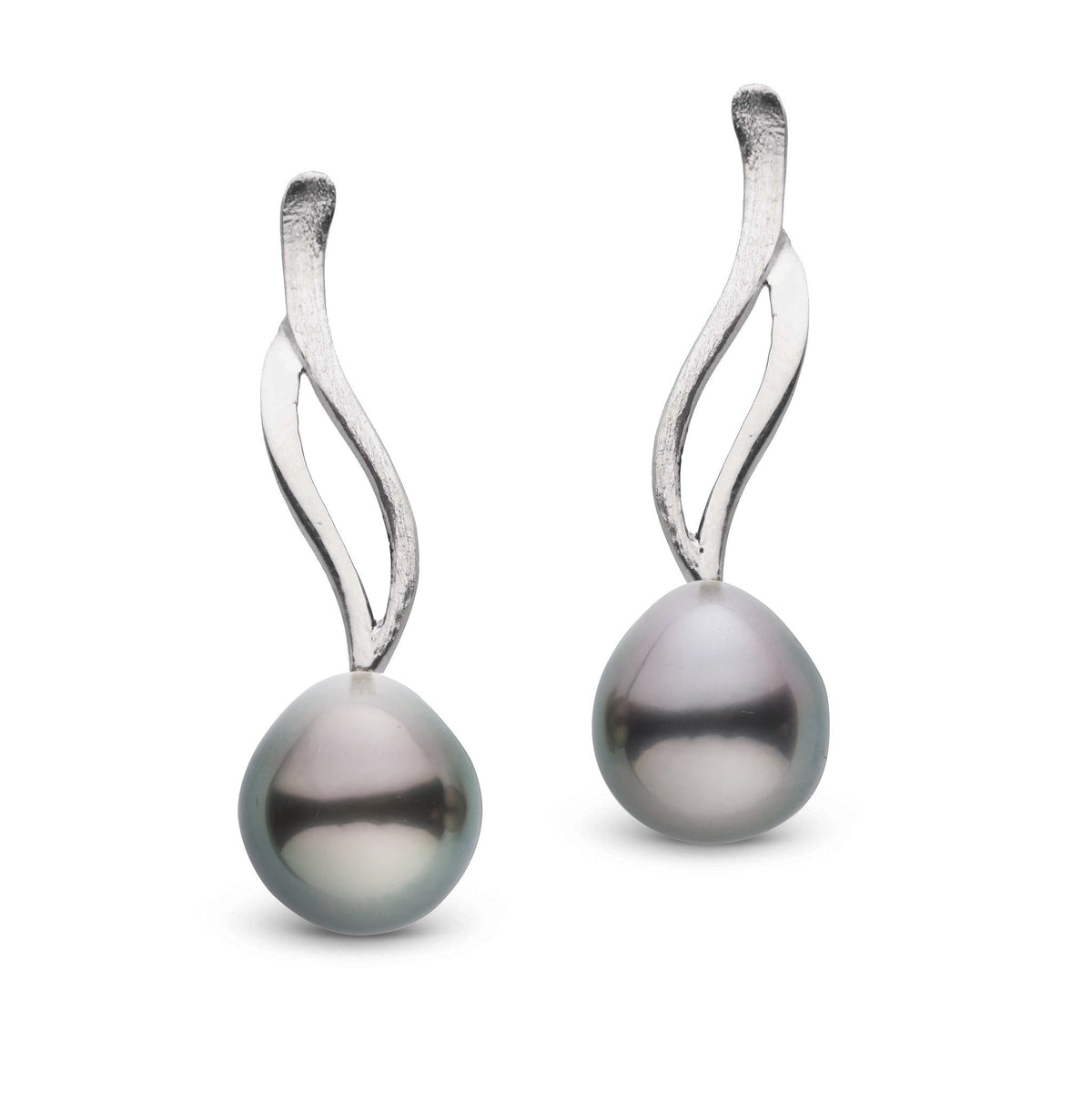 Wisp Collection Tahitian Drop 8.0-9.0 mm Pearl Earrings featuring elegant black tahitian pearls suspended from a modern, flowing white gold setting.