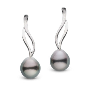 Wisp Collection Tahitian Drop 8.0-9.0 mm Pearl Earrings featuring elegant black tahitian pearls suspended from a modern, flowing white gold setting.