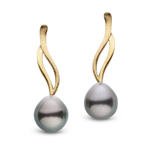 Elegant Wisp Collection Tahitian Drop 8.0-9.0 mm Pearl Earrings featuring lustrous dark Tahitian pearls suspended from curved yellow gold hooks, showcasing unique style and fine craftsmanship.