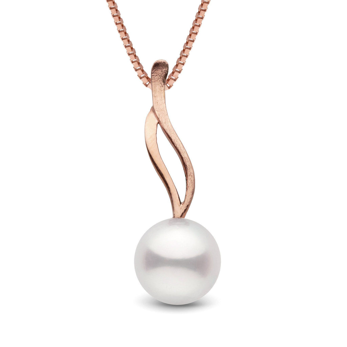 Wisp Collection 9.0-10.0 mm Freshadama Pearl Pendant with a lustrous white pearl hanging from an elegant curved rose gold setting on a delicate chain.