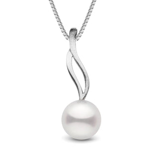 Wisp Collection 9.0-10.0 mm Freshadama Pearl Pendant featuring a lustrous white freshwater pearl suspended from a sleek, elegant 14K white gold swirl design on a delicate chain.