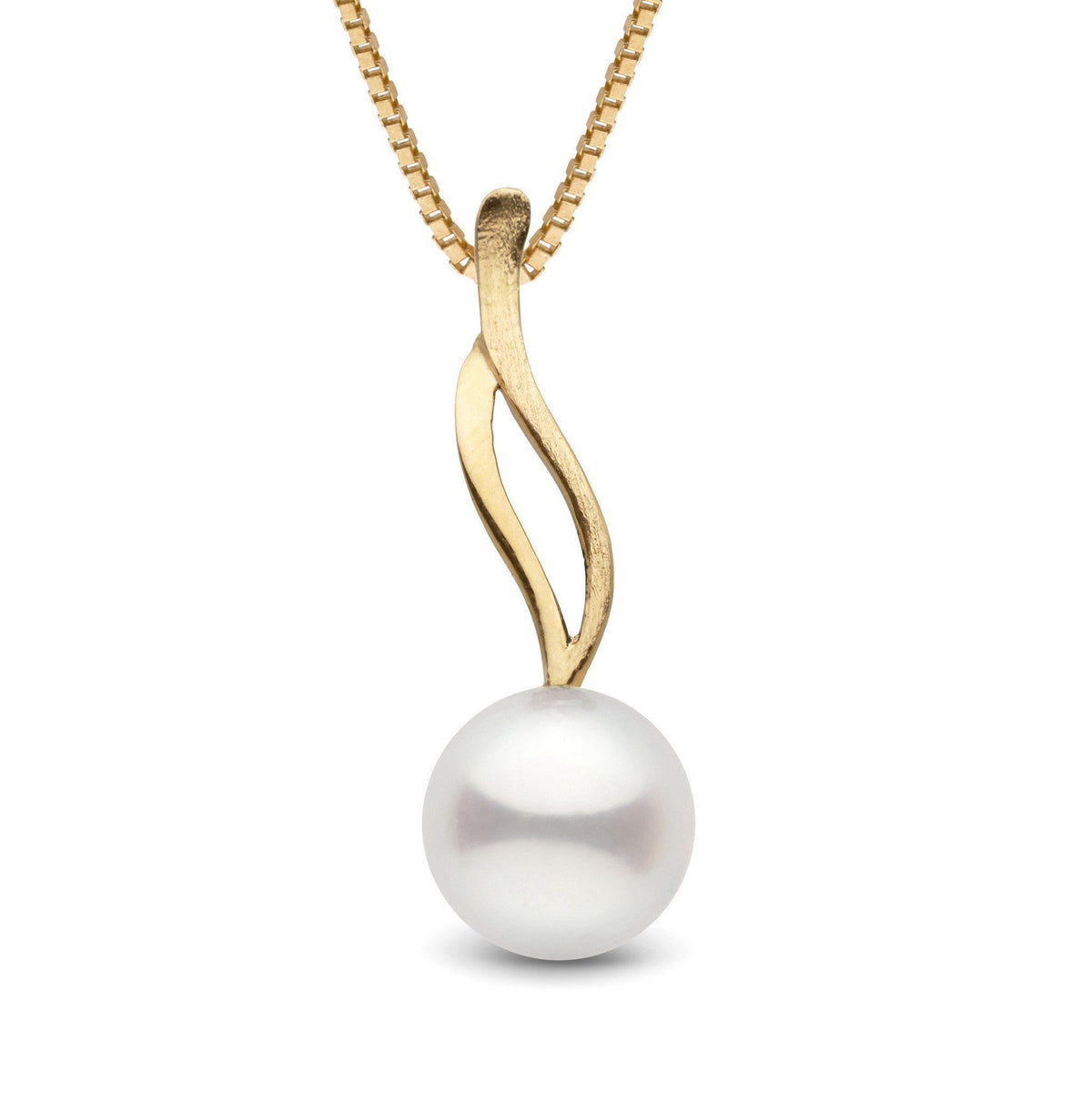 Wisp Collection 9.0-10.0 mm Freshadama Pearl Pendant featuring a single white freshwater pearl suspended from an elegant gold twisted chain pendant design.
