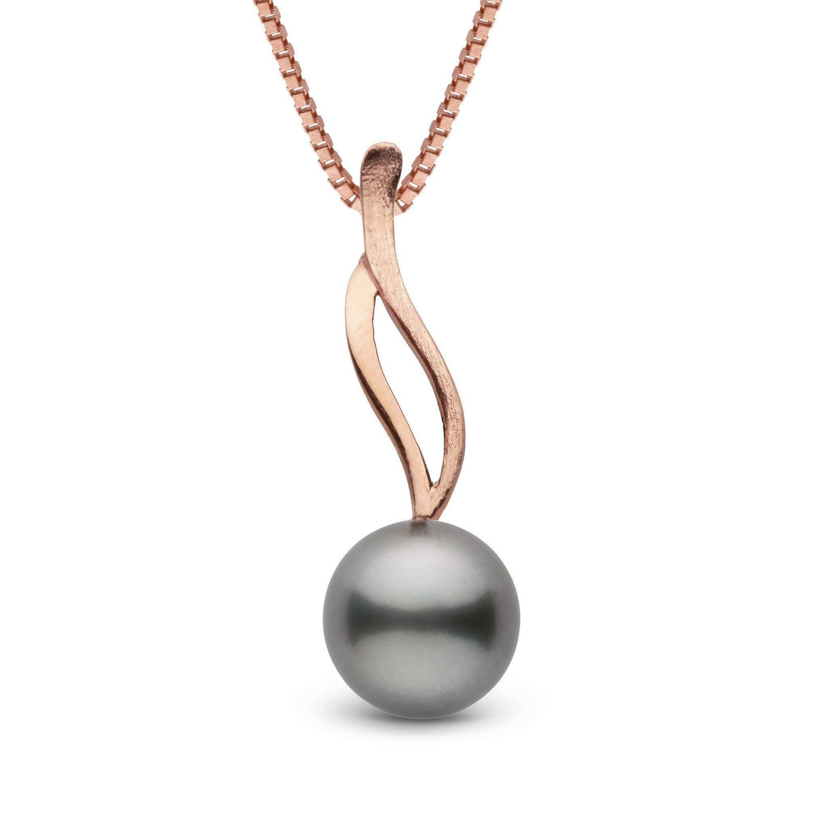 Wisp Collection 9.0-10.0 mm Tahitian Pearl Pendant with a lustrous black pearl and elegant rose gold swirl design, perfect for refined, timeless elegance.