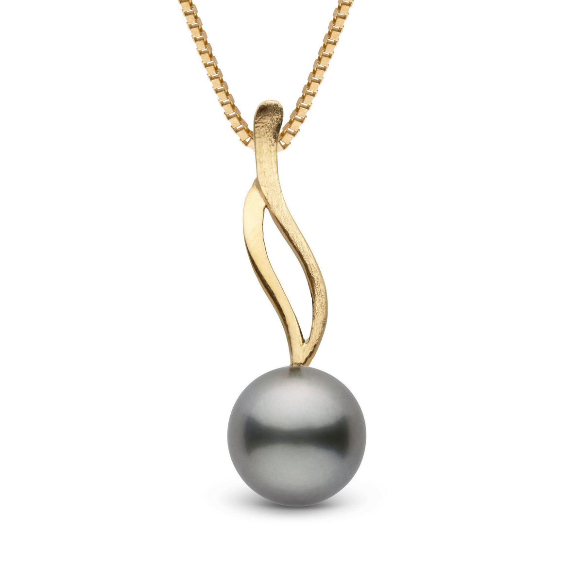 Wisp Collection 9.0-10.0 mm Tahitian Pearl Pendant featuring a lustrous dark gray Tahitian pearl suspended from a modern, elegant gold swirl design on a delicate chain.