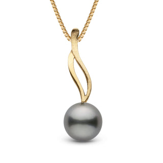 Wisp Collection 9.0-10.0 mm Tahitian Pearl Pendant featuring a lustrous dark gray Tahitian pearl suspended from a modern, elegant gold swirl design on a delicate chain.
