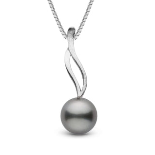 Wisp Collection 9.0-10.0 mm Tahitian Pearl Pendant featuring a lustrous black tahitian pearl set on a sleek 14K white gold pendant with an elegant curved design on a 14K white gold chain.