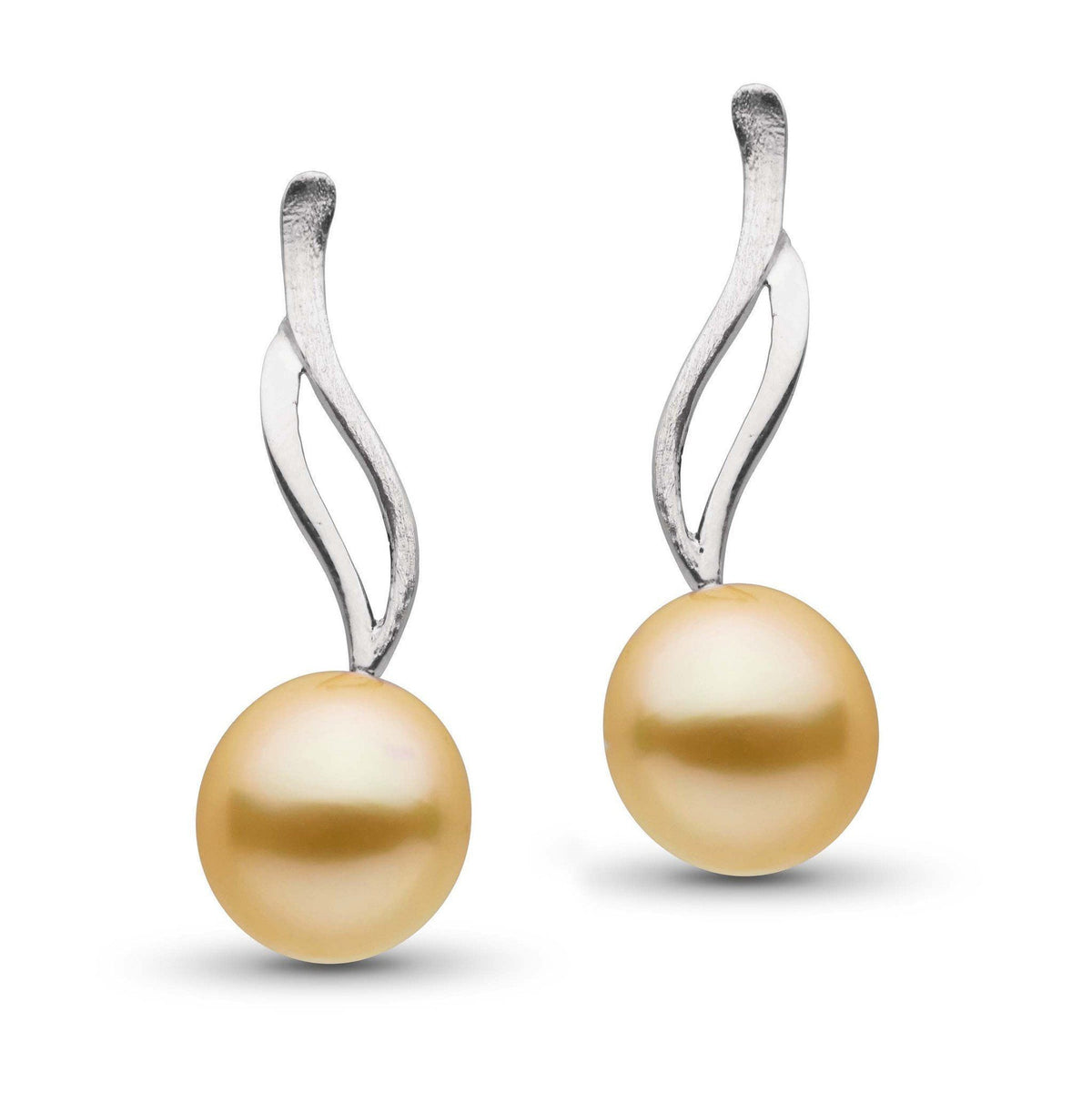 Elegant pair of Wisp Collection Drop Golden South Sea 10.0-11.0 mm Pearl Earrings featuring lustrous golden pearls suspended from sleek 14K white gold drop settings.
