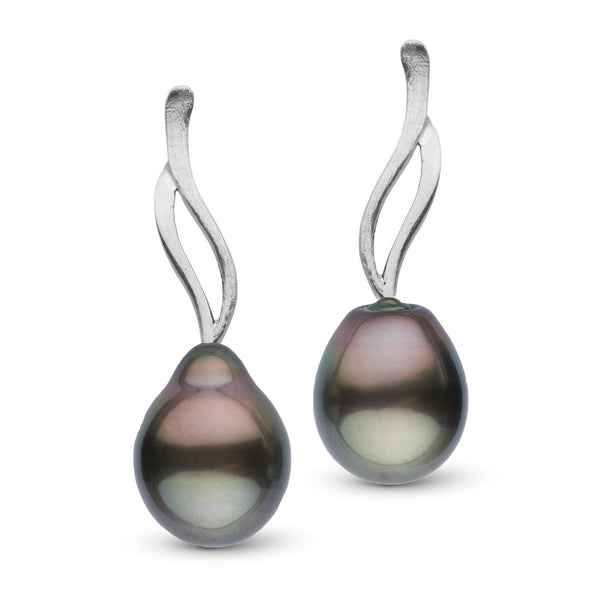 Wisp Collection Tahitian Drop 11.0-12.0 mm Pearl Earrings featuring lustrous Tahitian pearls with elegant white gold drop-style settings, showcasing unique natural color variations.